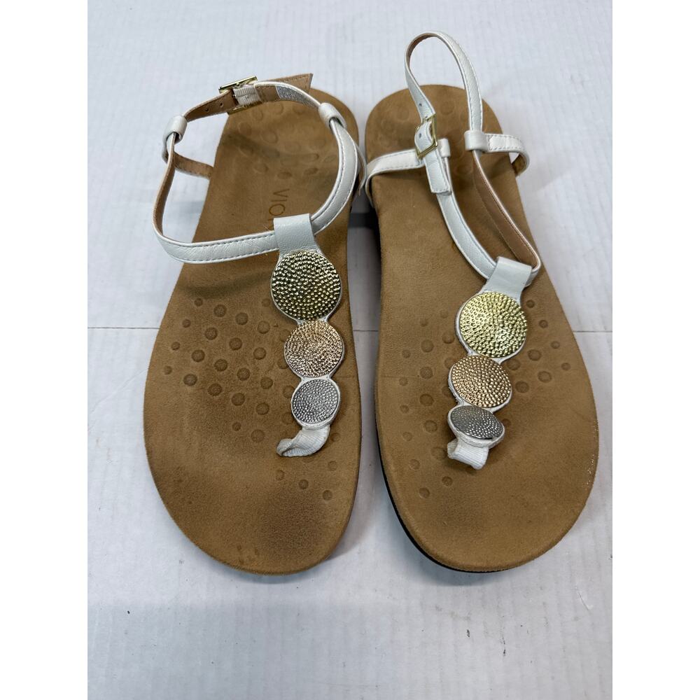 Vionic Women’s Lizbeth Sandals White Medallion Gold Silver‎ T Strap Flats Size 9
